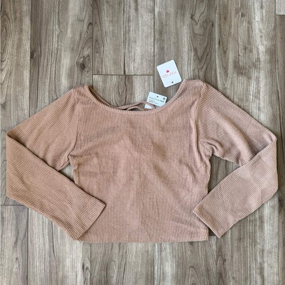 Tops - POOF GIRL long sleeve ribbed crop top Size M Warm Taupe soft stretchy tie back